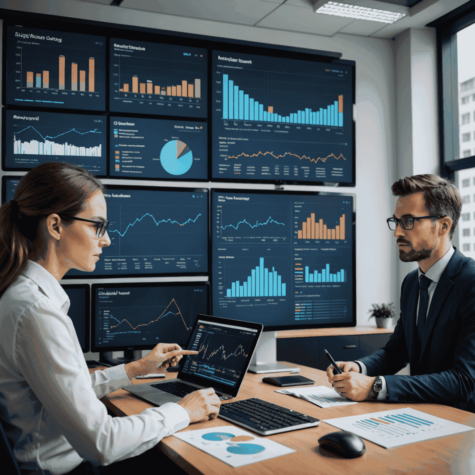 Business intelligence consultants analyzing data on large screens, pointing to charts and graphs. The image conveys a sense of collaboration and expertise in data analysis.