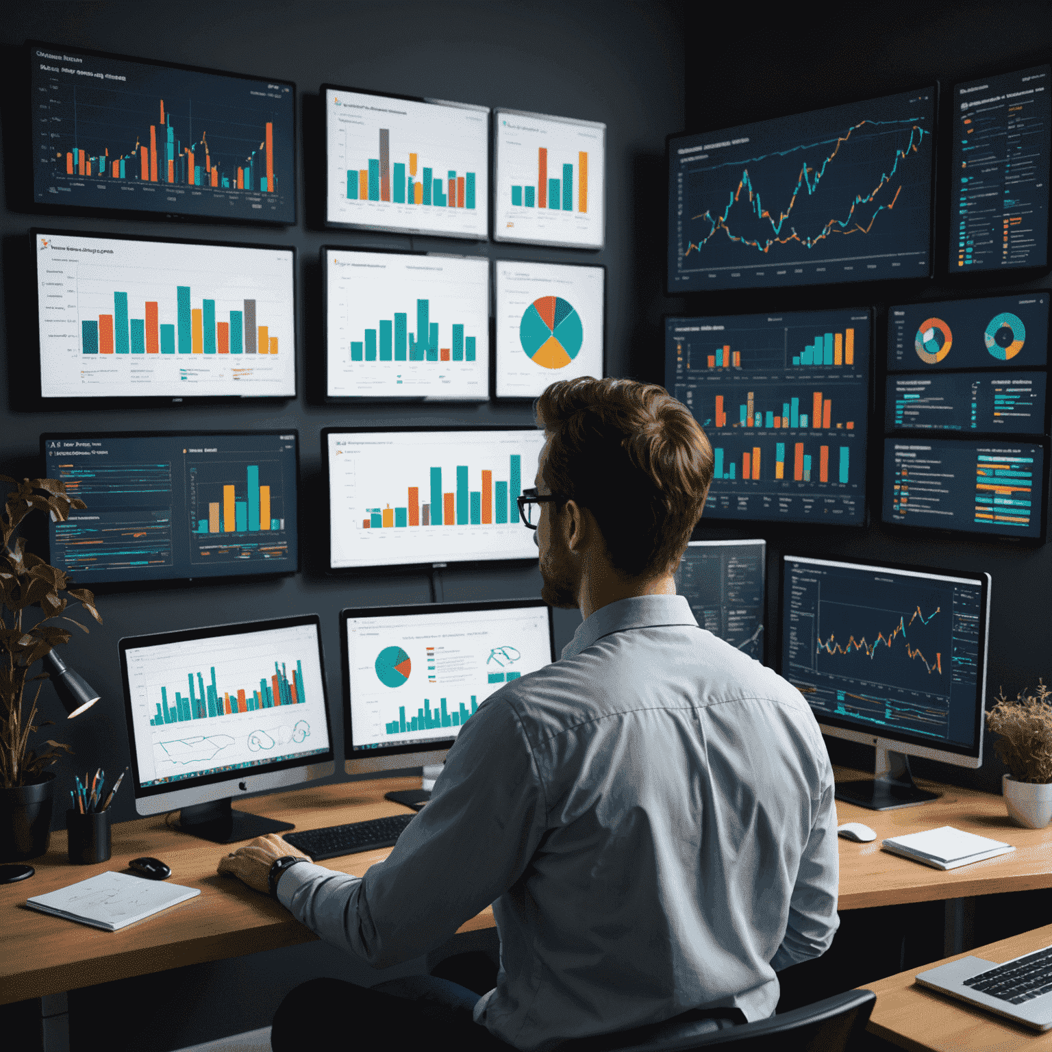 Data scientist analyzing complex patterns on multiple screens, visualizing intricate data relationships through colorful charts and graphs
