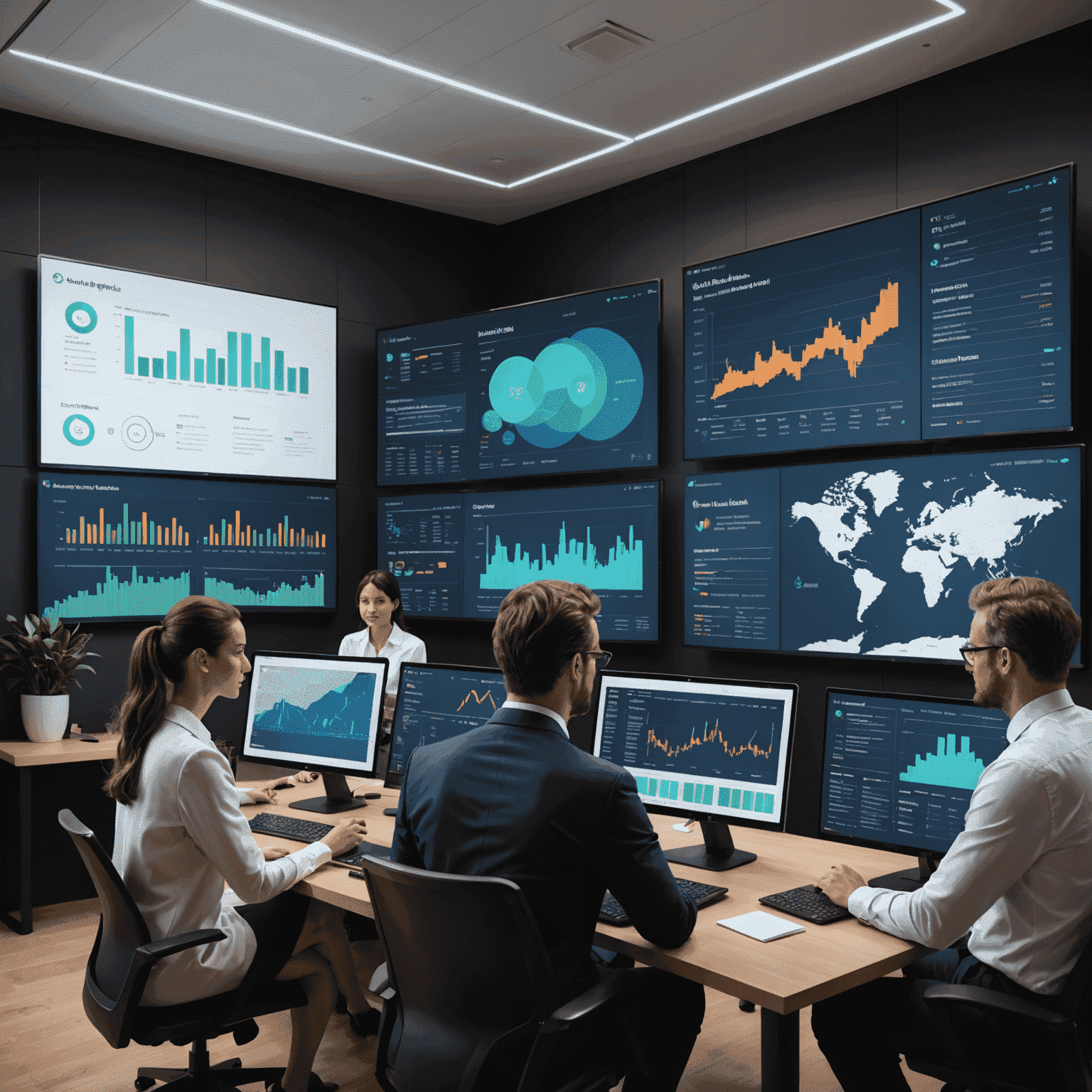 Business professionals analyzing data on large screens, discussing strategy based on visualized insights