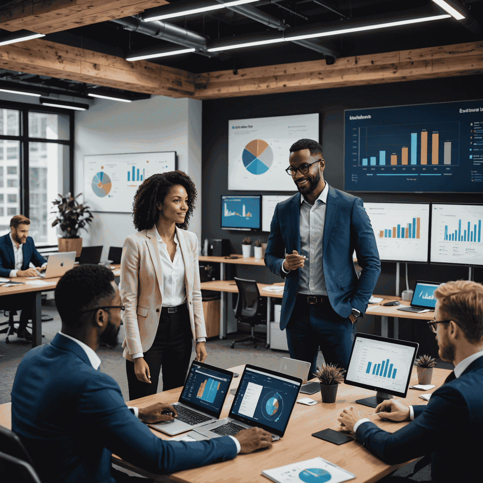 A diverse team of business intelligence professionals collaborating in a modern office setting, surrounded by data visualizations and analytics tools.